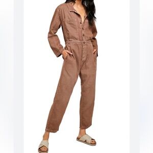 We The Free Madrid Denim Coveralls in Warm Chestnut Brown, Small